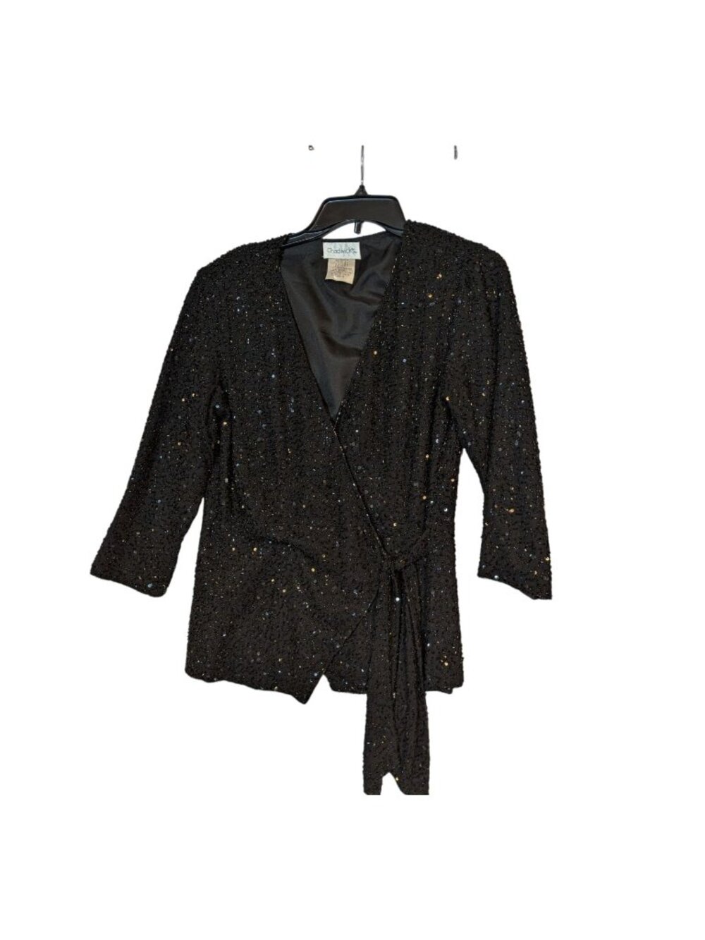 Chadwicks Black Beaded Wrap Top Size 10 With Tie Waist & 3/4 Sleeves
